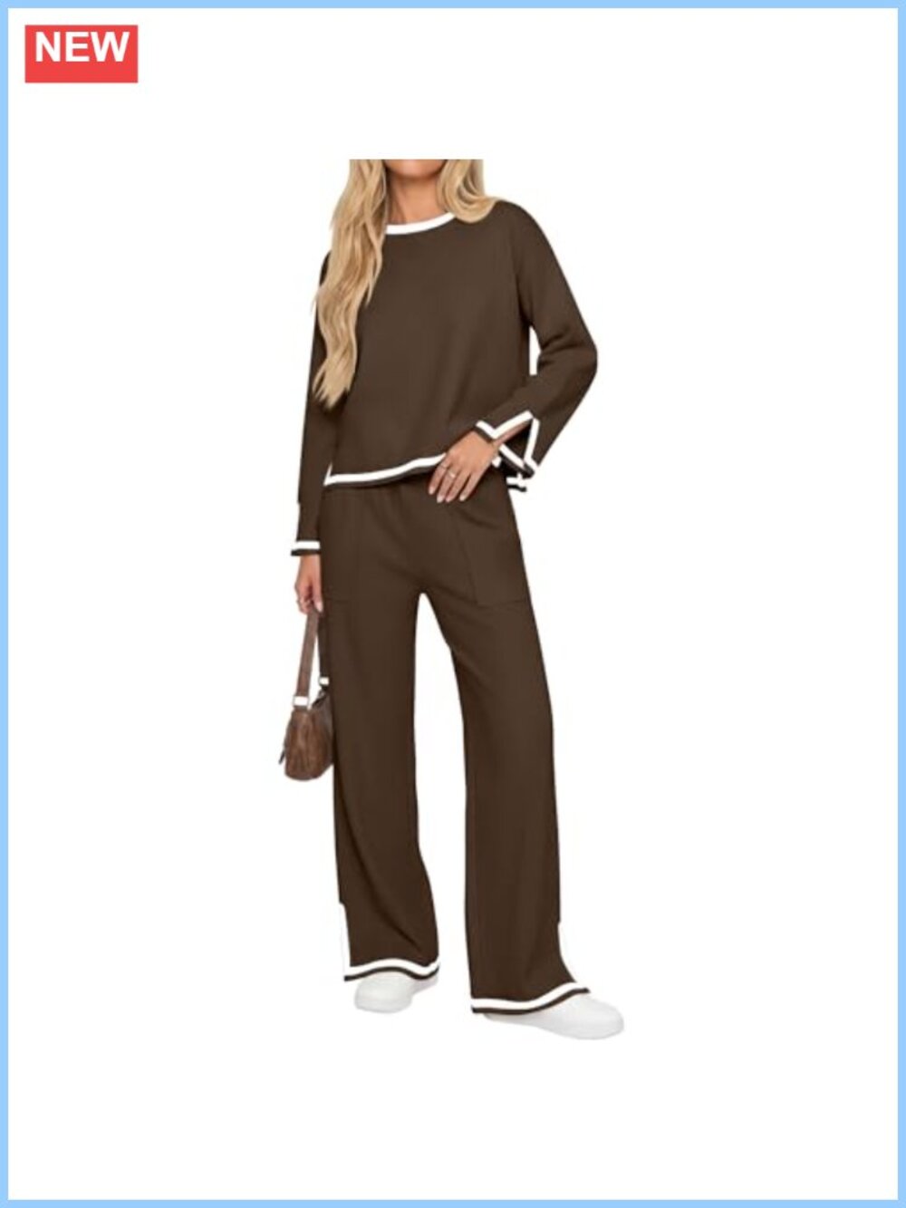 Ribbed Knit Sweater Set Contrast Trim Wide Leg Pants Lounge Travel Set